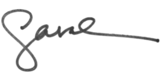 Sarah's signature, with a large Cursive "S" connected to the "arah"