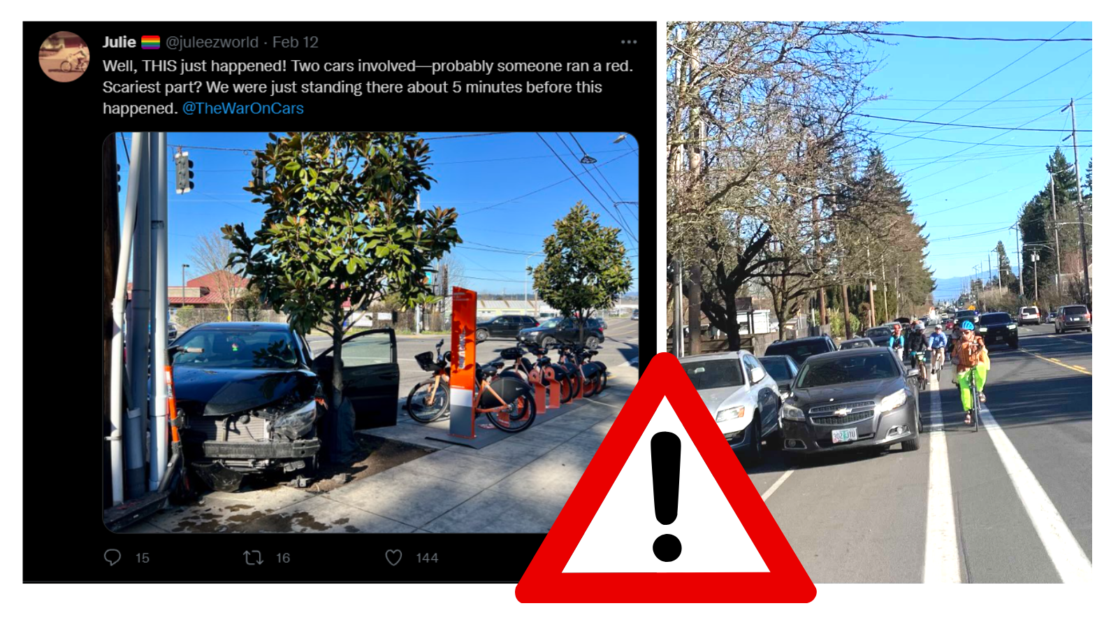 Alt text: 2-up image with Twitter post featuring image of auto crashed into telephone pole adjacent to bike share station alongside image of cyclist forced into the street by car parked in bike lane.
