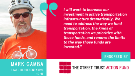 Image of Mark Gamba with text State Rep HD 41 and quote I will work to increase our investment in active transportation infrastructure dramatically. We need to address the way we fund transportation and the kinds of transportation we prioritize with those funds and remove the limits to the way those funds are invested.