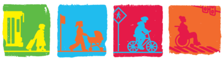 Graphic with four primary colored squares representing people using various transportation modes