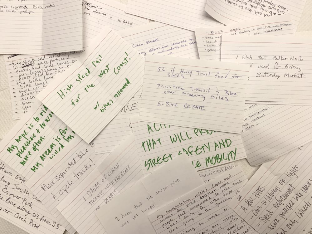 Index cards with transportation hopes and dreams for 2023