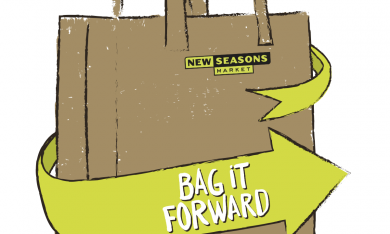 A grocery bag cartoon with the New Seasons logo, and a green arrow that reads "Bag it Forward" on the side