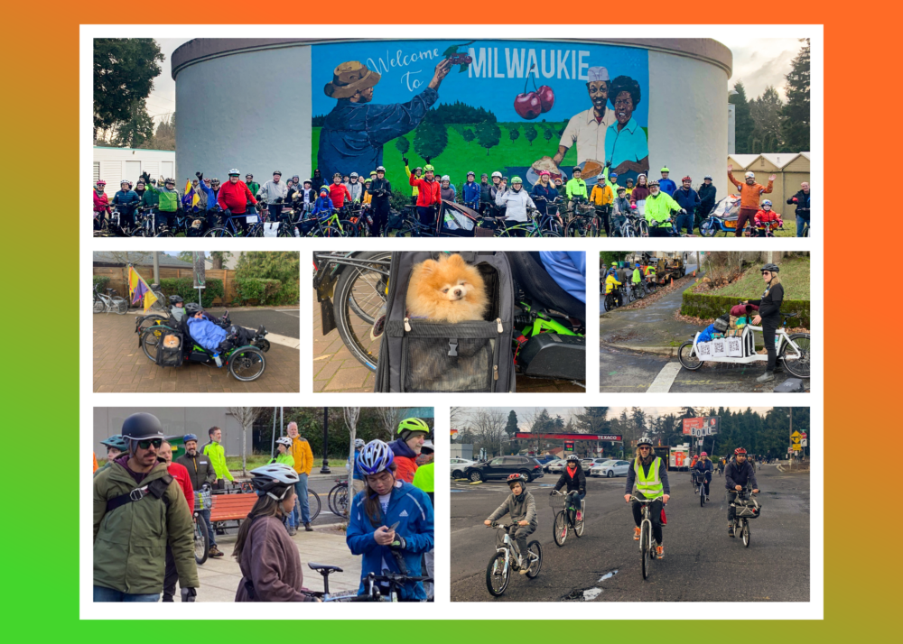 A collage of photos of people (and one dog) at the New Year's Day Ride