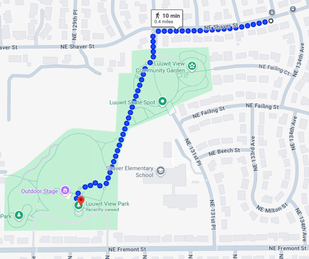 Walking map from Shaver and 133rd to Luuwit View Park